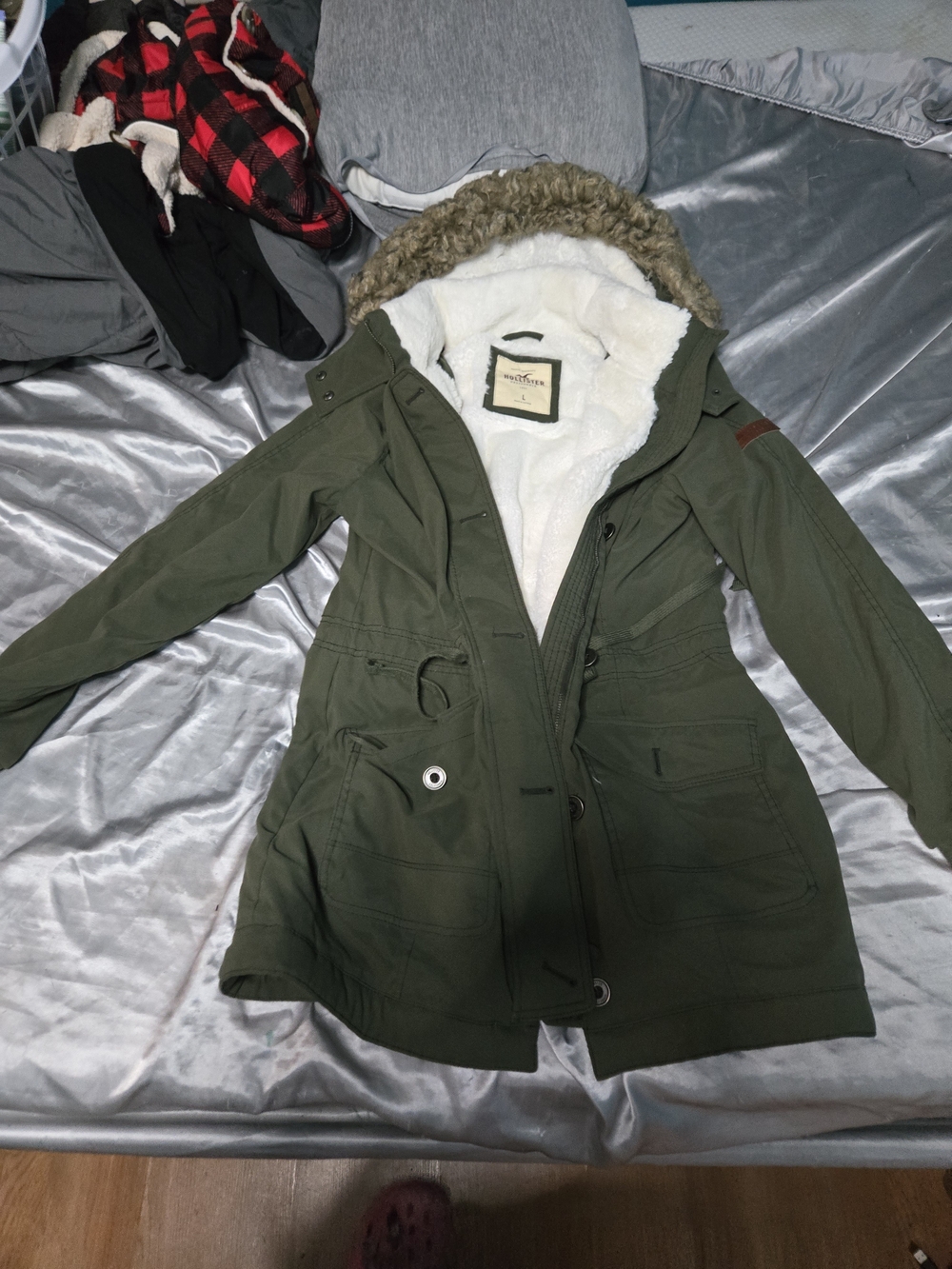 Hollister Olive Green Utility Parka with Faux Fur Hood